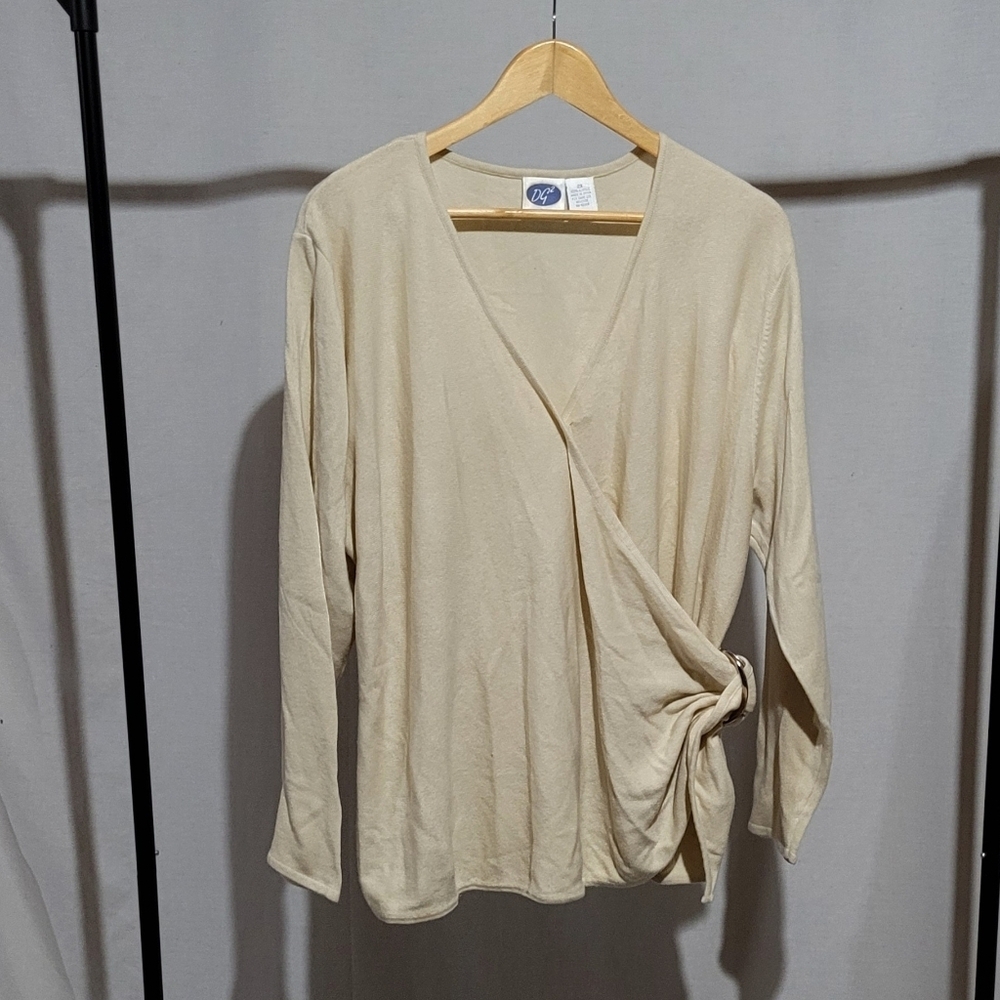 Diane Gilman sweater cream beige plus size pullover neutral low cut wrap shirt